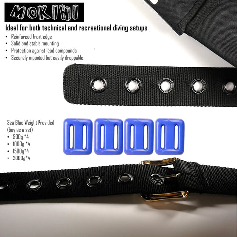 Black 13.86 Pounds Diving Weight Belt With Quick Release Buckle and blue weights for saltwater dives, corrosion resistant.