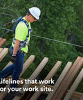 Heavy Duty Horizontal Lifeline System For Steel Beams Featuring Galvanized Tie Back Base And Zinc Chain Fitted For Rebar Stanchions hardcore overhead fall protection gear in use.