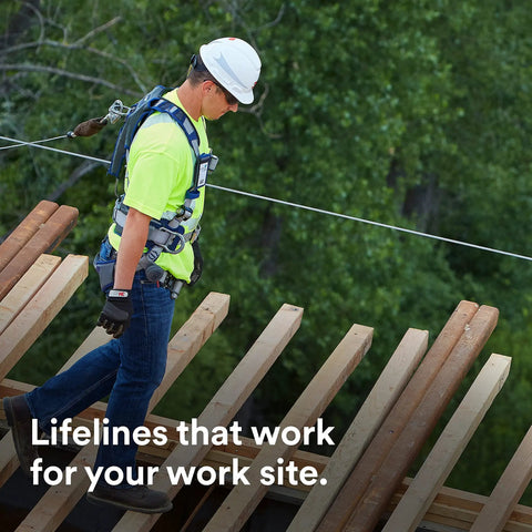 Heavy Duty Horizontal Lifeline System For Steel Beams Featuring Galvanized Tie Back Base And Zinc Chain Fitted For Rebar Stanchions hardcore overhead fall protection gear in use.