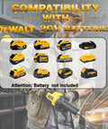 Killer Cordless Die Grinder With One Quarter Inch Precision Chuck And Brushless Motor For Effortless Metal And Wood Polishing Rust Removal Deburring Tool Built Damn Tough For Hella Versatile Shop Tasks, showing compatibility with DEWALT 20V batteries.