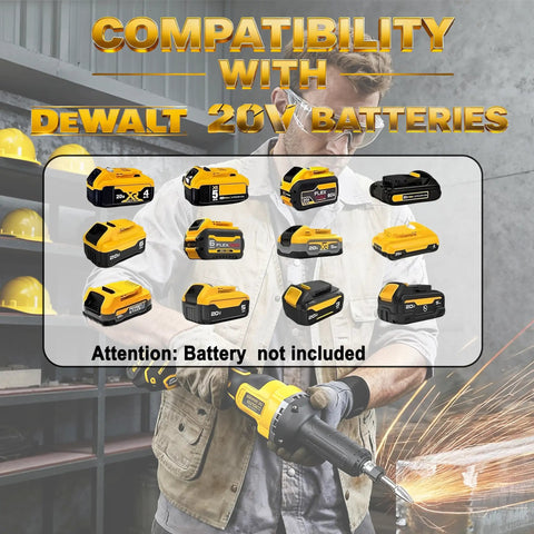 Killer Cordless Die Grinder With One Quarter Inch Precision Chuck And Brushless Motor For Effortless Metal And Wood Polishing Rust Removal Deburring Tool Built Damn Tough For Hella Versatile Shop Tasks, showing compatibility with DEWALT 20V batteries.