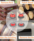 Heavy Hitter Wire Wheel Brush Set Features Four Tough Twisted Knotted And Crimped Steel Cups tailored for rust removal, polishing wood, and burr removal.