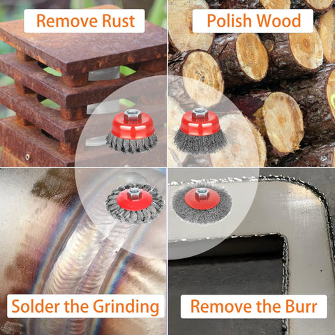 Heavy Hitter Wire Wheel Brush Set Features Four Tough Twisted Knotted And Crimped Steel Cups tailored for rust removal, polishing wood, and burr removal.