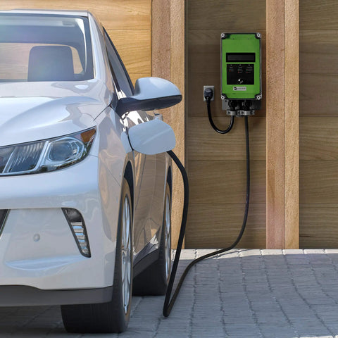 32 Amp Level 2 Electric Vehicle Charging Station With Smart Display And 25 Ft Cable For Hassle Free Garage Juice Up Using Nema 14 50 Outlet For Smooth Daily Drives Csa Certified J1772, charging an electric car.