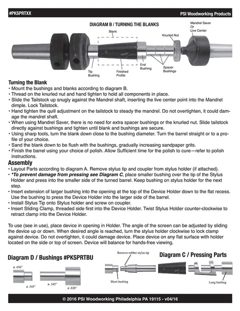 Diagram for turning blanks with bushing details for Top Shelf Woodturning Smartphone Stand And Stylus Hardware Kit Gold Chrome Gunmetal.