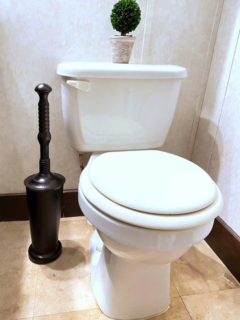 High Flow Toilet Plunger For 1.6 Gallon Low Flush Toilets With Funnel Nose Design next to a white toilet, includes tall bucket