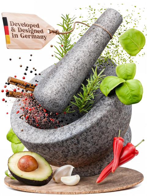 Unpolished Granite Mortar And Pestle Set One And A Half Cup Capacity with fresh herbs and spices around it