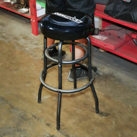 2 Pack Swivel Mechanic Shop Stool With Foot Ring 30.5 Inch High Black Steel Frame in Workshop Setting