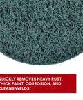 Close-up of green Beefy XT Pro Extra Cut Disc for heavy duty metal stripping and rust removal, aluminum oxide, 4.5 inch Type 27.