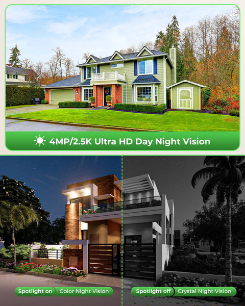 Image showcasing ultra HD day and night vision quality of Solar Wireless Security Camera System With 10 Inch Monitor Outdoor Surveillance Kit 4 Cameras Battery Powered And Solar Charged Long Run Time 365 Days No Wires Home Security