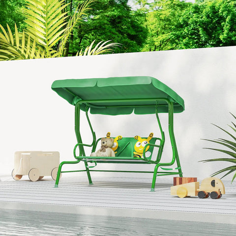 Kids Patio Swing 2-Seater Outdoor Swing Chair With Adjustable Canopy And Safety Belt Lion Pattern Hanging Swing Bench For Garden Or Backyard Yellow Edition on patio