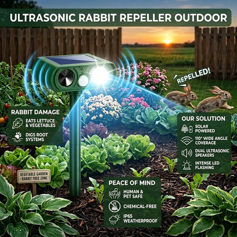 Solar Ultrasonic Animal Repellent For Gardens And Yards With Motion Sensor Strobe Light in vegetable garden, solar powered stake