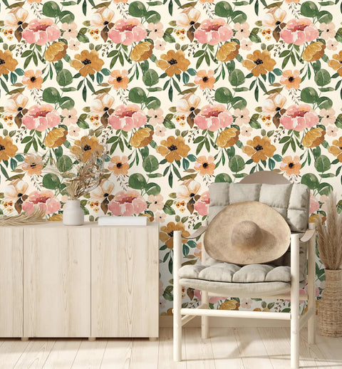 Vintage Boho Floral Peel And Stick Wallpaper With Peonies In Rose Beige Pink And Olive Removable Vinyl Self Adhesive Contact Paper