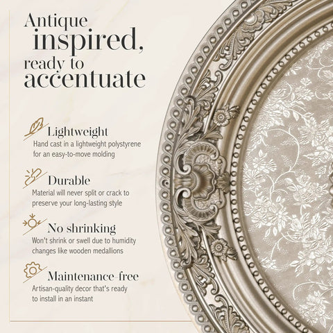 Petite Round Ceiling Medallion For Chandeliers And Fans 24 Inch Champagne Finish With Old World Floral Detailing edge view