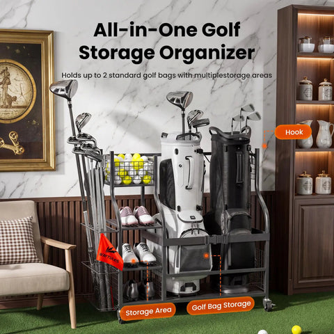 Heavy Duty Golf Bag Storage Rack For Garage With 3 Tier Organizer Holds 2 Golf Bags Plus Clubs Shoes Balls And Accessories