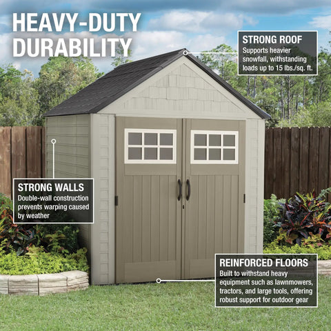 7x7 Weatherproof Outdoor Storage Shed For Garden Tools And Lawn Gear With Lockable Double Doors, Sandstone Finish