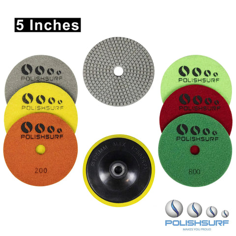 5 Inch Diamond Polishing Pads Wet Dry Set for Marble Quartz Granite Concrete, 8 Piece Kit With Grit Range 50 to 3000