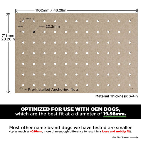 Top Tier Mft Replacement Top With Killer Perforated Layout Fits Right Into Bench Dog T Slot Rail System Knockout Construction Three Quarter Inch Mdf Board American Crafted Super Smooth Double Sided Workshop Platform with precision hole layout.