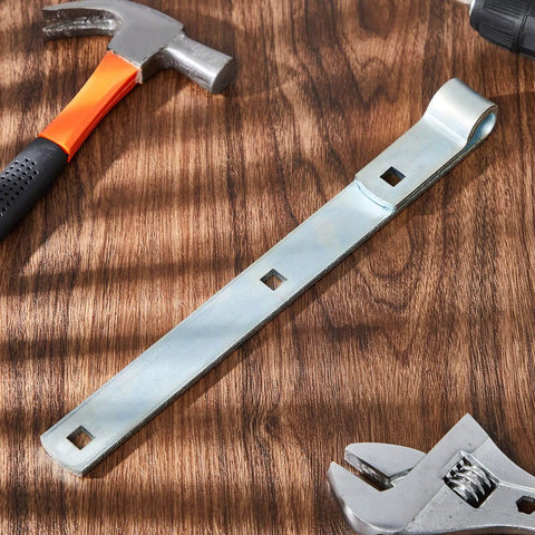 4 Pack 12 Inch Zinc Strap Hinges For Gates, Tool Sheds, Barn Doors And Other Swing Entrances on wooden surface with tools