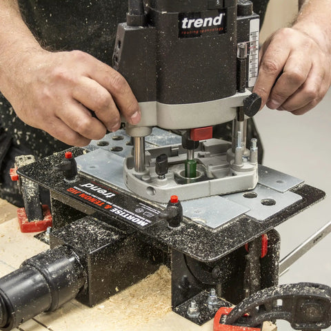 Dead On Mortise And Tenon Jig For Plunge Routers Slick Adjustable Woodworking Jig shown in use on a plunge router during setup.