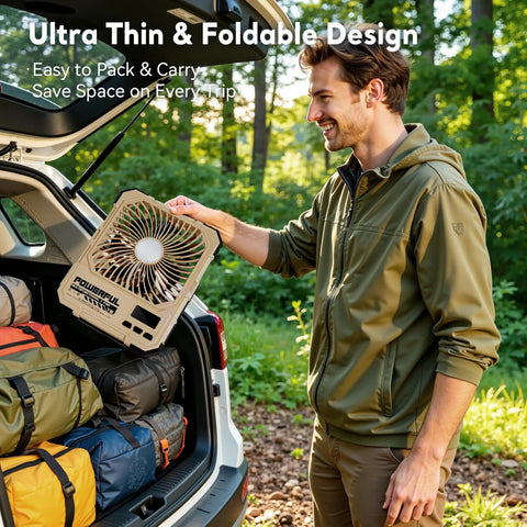 Man holding Portable 6 Inch Folding Fan With 20000mAh Battery Built-In Power Bank LED Light Remote Control And Handy Hook