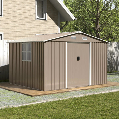 Spacious 10x8 Foot Outdoor Storage Shed With Window And Lockable Doors, Waterproof Galvanized Steel Garden Tool Shed for Backyard