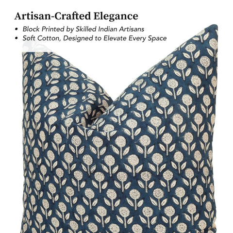 Hand Block Print Throw Pillow Covers Set Artisan Made 100 Percent Cotton With Zipper Closure Neutral Boho Cozy Accent For Sofa Bed Chair Deep Blue 20x20 Inches Pack Of 2 blue floral cotton pillow cover