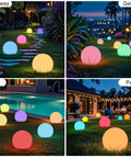 Solar Ball Light 12 Inch LED Outdoor Table Lamp 16 RGB Colors in garden, pathway, poolside, and party settings.