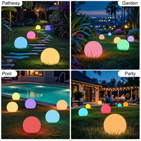 Solar Ball Light 12 Inch LED Outdoor Table Lamp 16 RGB Colors in garden, pathway, poolside, and party settings.
