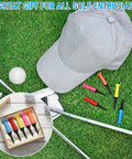 20 Pack Plastic Golf Tees With Soft Rubber Top, 3.25 Inch Tees, colorful assortment next to golf hat and clubs on grass