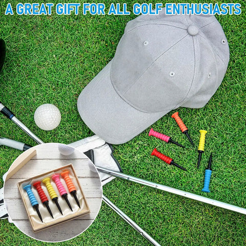 20 Pack Plastic Golf Tees With Soft Rubber Top, 3.25 Inch Tees, colorful assortment next to golf hat and clubs on grass