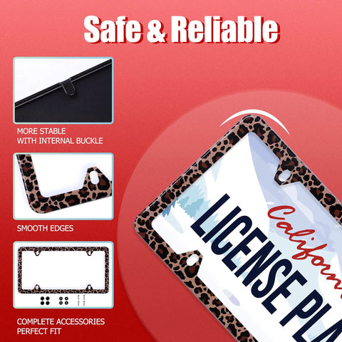 Brown Leopard License Plate Frame Made From Stainless Steel 12.3 By 6.3 Inches With Four Mounting Holes Easy Screw On Front Plate Accessory For Cars