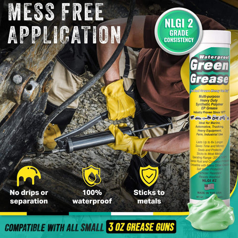 Green Grease Tube Set 3oz Three Pack for Grease Gun NLGI 2 Lithium used on a wheel bearing by a mechanic person with tools