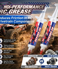 Two Pack RC Grease With Precision Syringe Applicator For Gears Bearings Axles Differentials In Off Road RC Cars Trucks And Buggies 10g Each High Performance Water Resistant Formula with RC car and gear graphic