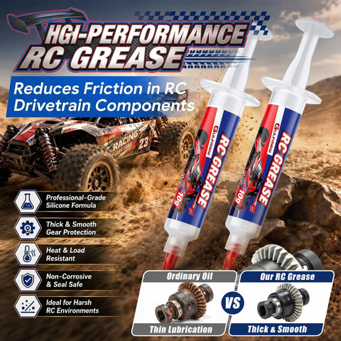 Two Pack RC Grease With Precision Syringe Applicator For Gears Bearings Axles Differentials In Off Road RC Cars Trucks And Buggies 10g Each High Performance Water Resistant Formula with RC car and gear graphic