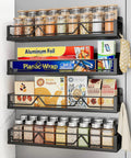 Super Wide Magnetic Fridge Organizer Metal Spice Rack 16.9 Inch Heavy Duty Adjustable No Drill Refrigerator Shelf 4 Pack displaying jars and food items.