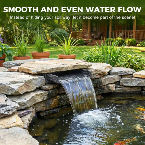 8 Inch Wide Rock Lid Waterfall Spillway Kit for Ponds and Gardens in use, showing smooth water flow and natural gray finish.