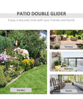 Four garden settings showing Two-Seat Outdoor Glider Chair Set With Coffee Table For Patio And Backyard on terrace and porch.