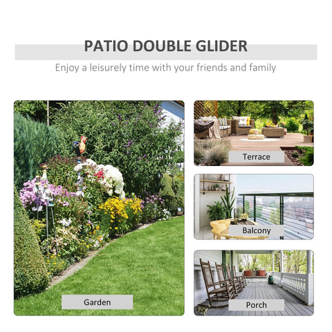 Four garden settings showing Two-Seat Outdoor Glider Chair Set With Coffee Table For Patio And Backyard on terrace and porch.