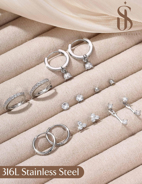 Lightweight Hypoallergenic Silver Earring Stacks For Women 7 Pair Set, 316L stainless steel hoops and CZ studs on display