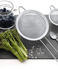 Future Strainer Set Fine Mesh Stainless Steel 304 18 8 Kitchen Trio of 8 Inch 5.5 Inch and 3.3 Inch strainers with vegetables