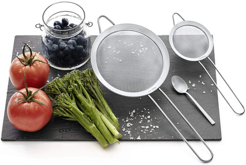 Future Strainer Set Fine Mesh Stainless Steel 304 18 8 Kitchen Trio of 8 Inch 5.5 Inch and 3.3 Inch strainers with vegetables