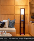 Maxwell Dope Modern Shelf Floor Lamp With Shade And Warm White LED Bulb in corner of living room with Havana Brown finish