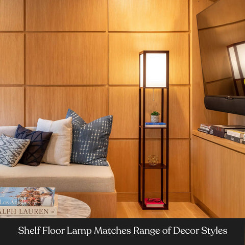 Maxwell Dope Modern Shelf Floor Lamp With Shade And Warm White LED Bulb in corner of living room with Havana Brown finish