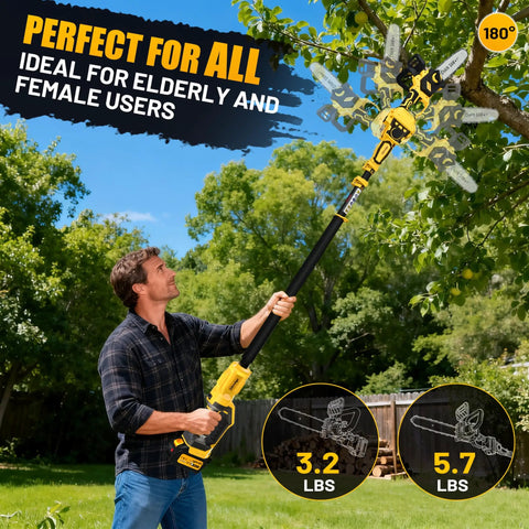 Man using Versatile 4 In 1 Cordless Pole Saw And Mini Chainsaw With 8 Inch And 10 Inch Bar, Battery Powered, for tree trimming.