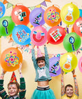 Kids celebrating with Science Party Favors Kit with 24 18 Inch Punch Balloons and 48 Pre Cut Temporary Tattoos, colorful science theme.