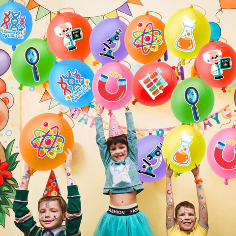 Kids celebrating with Science Party Favors Kit with 24 18 Inch Punch Balloons and 48 Pre Cut Temporary Tattoos, colorful science theme.