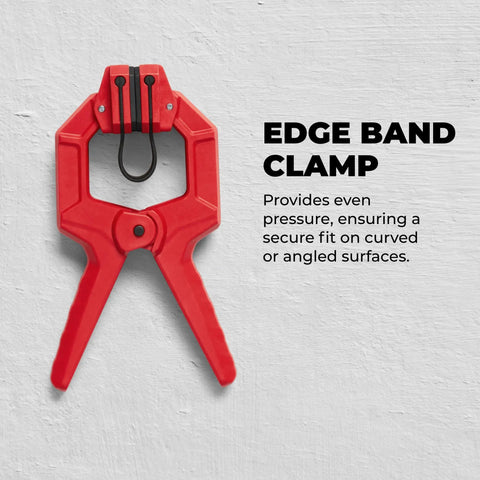 Red edge band spring clamp for woodworking and home improvement projects, showing front view against a white background.