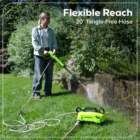 Person using Ultra Compact 1700 PSI 1.2 GPM Pressure Washer for quick no fuss home cleaning on garden pathway.