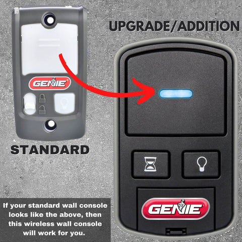Comparison of standard wired wall button and Intellicode Wireless Wall Console for Garage Door Openers Made After 2013